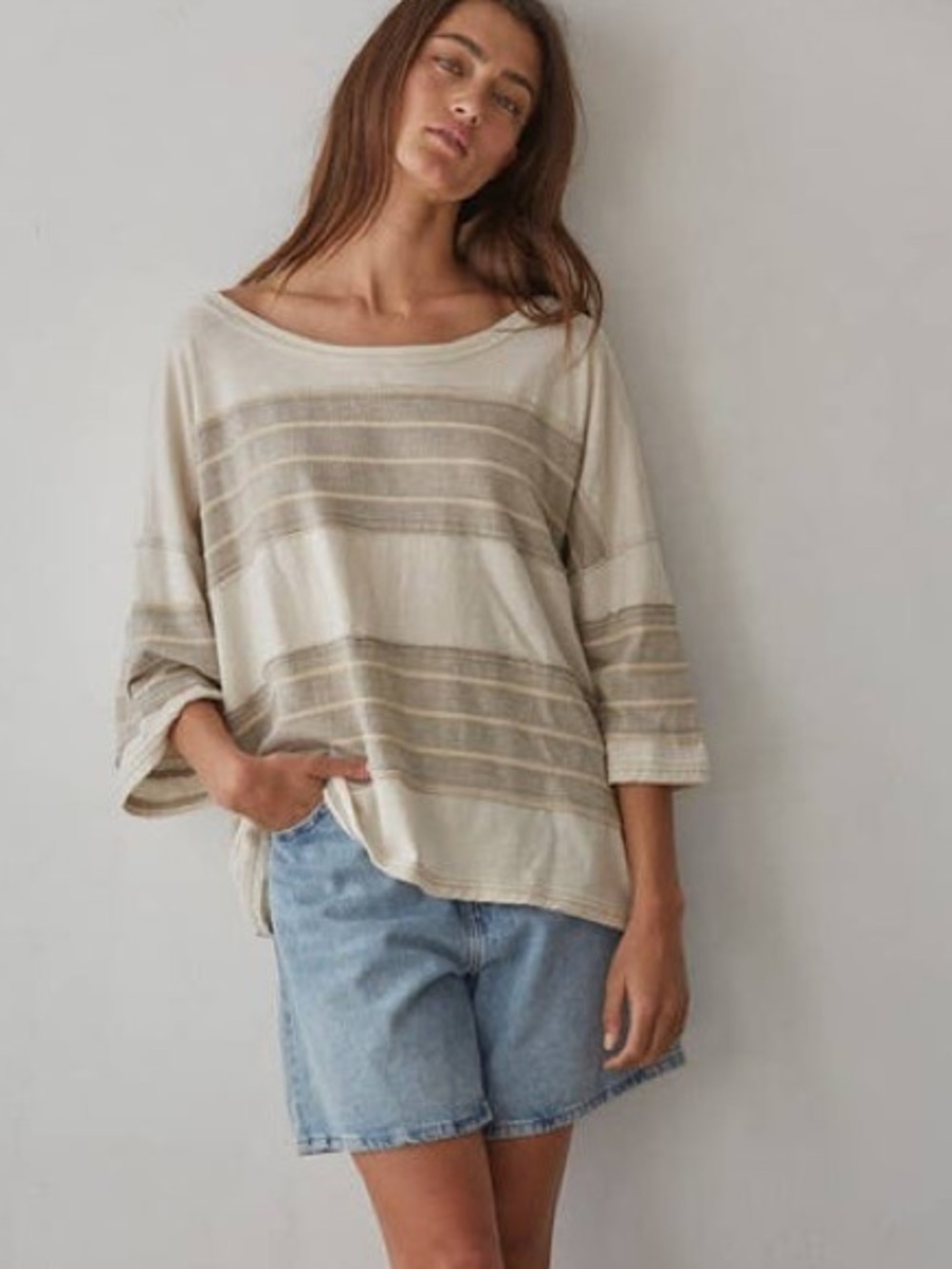 By Together Light Beige Striped Boxy Tee